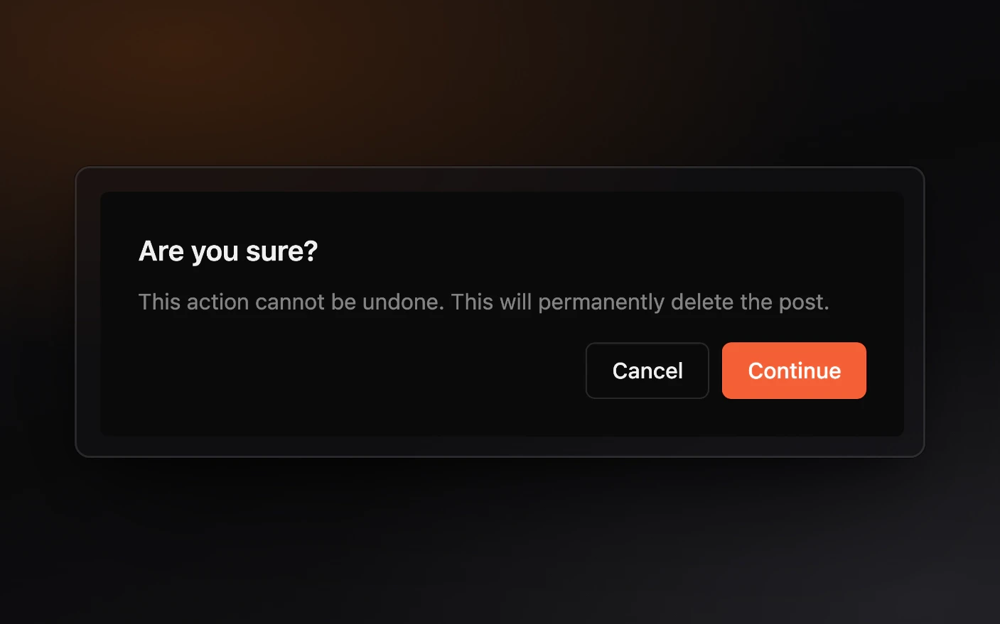 The delete confirmation in Review, asking Are you sure? and warning that the post will be permanently deleted, with Cancel and Continue