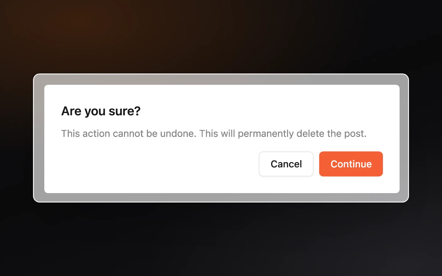 The delete confirmation in Review, asking Are you sure? and warning that the post will be permanently deleted, with Cancel and Continue