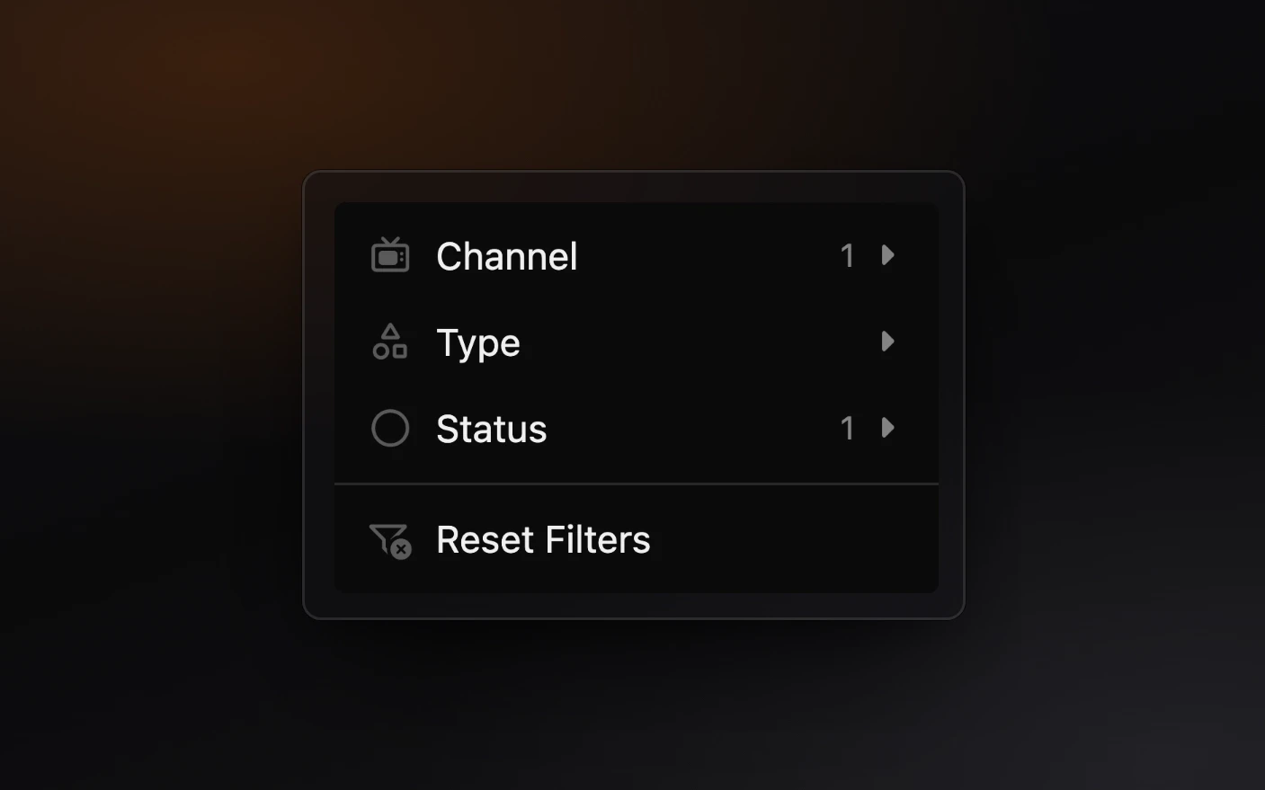 The Review filter menu with a channel chosen, listing Channel, Type and Status, with Reset Filters at the bottom