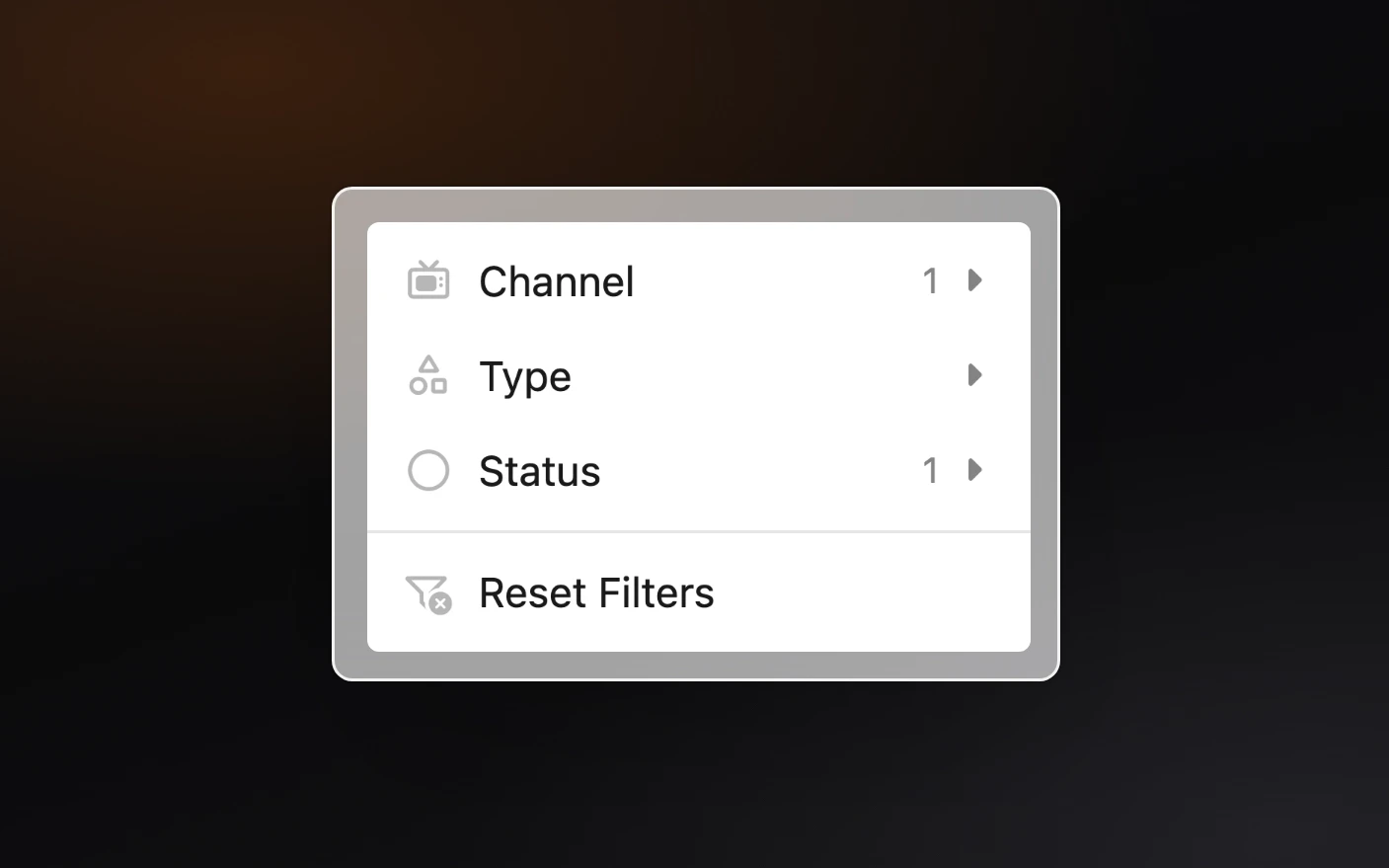 The Review filter menu with a channel chosen, listing Channel, Type and Status, with Reset Filters at the bottom
