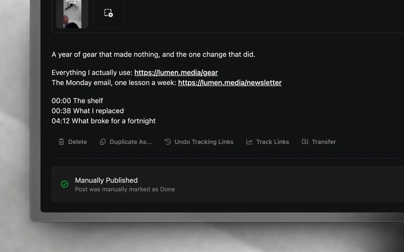 A YouTube post's description with its links, and the Track Links action that converts them into tracked short links
