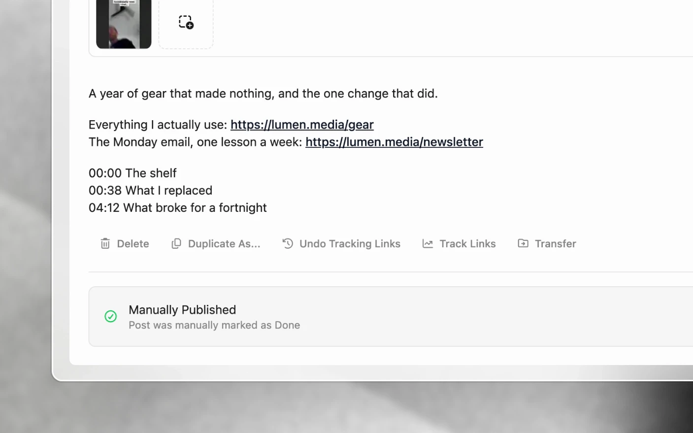 A YouTube post's description with its links, and the Track Links action that converts them into tracked short links