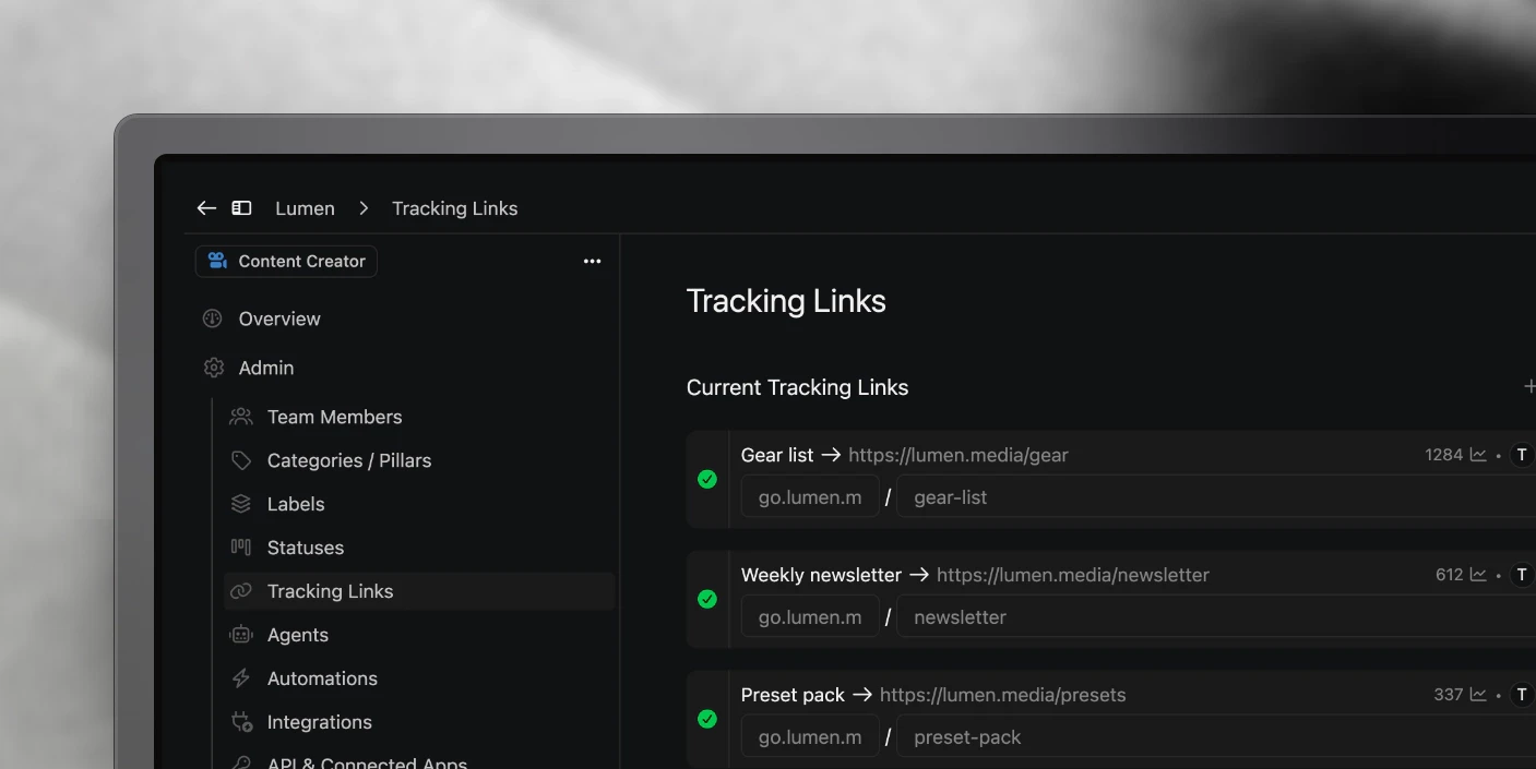 Tracking link settings for an organization