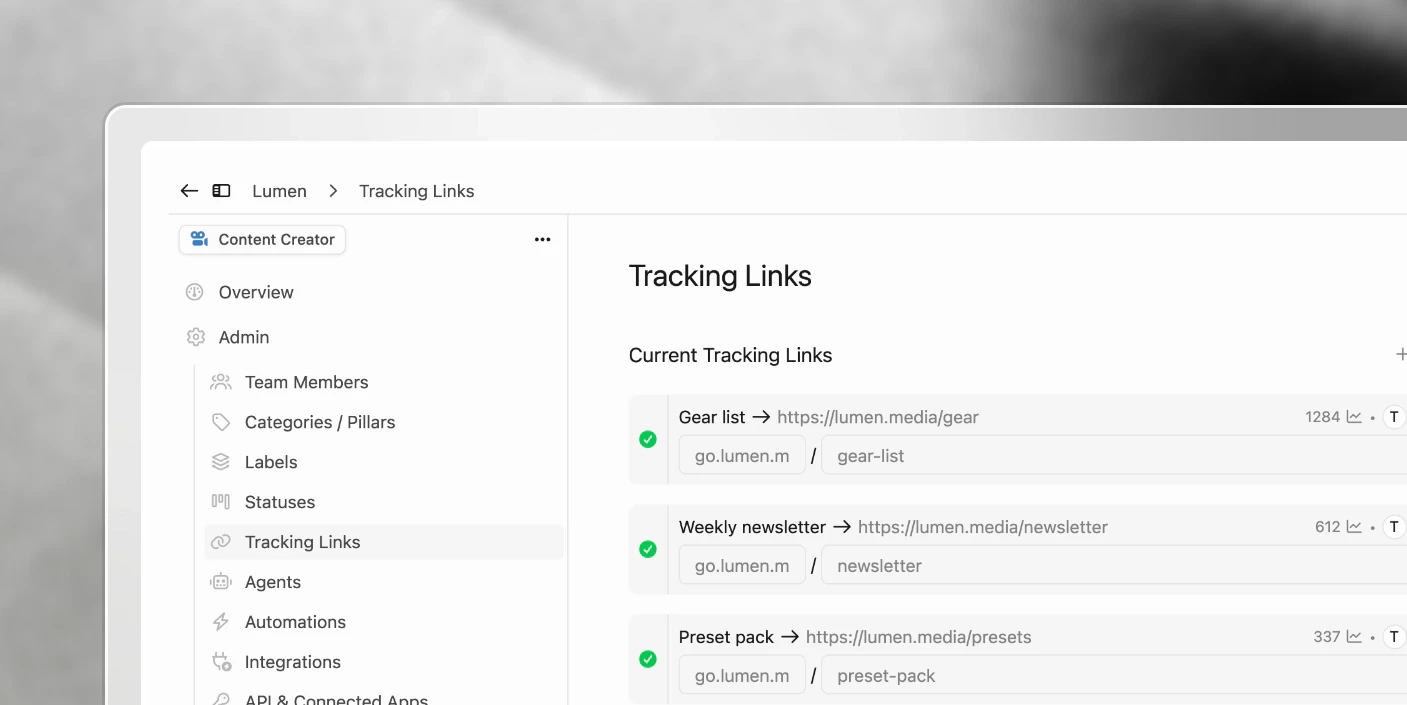 Tracking link settings for an organization