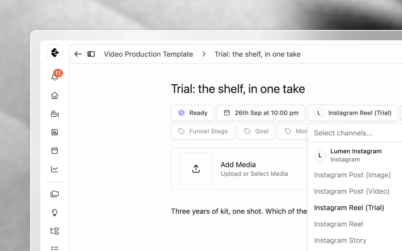 A post's product menu open on its Instagram channel, with Instagram Reel (Trial) picked from the Instagram post types