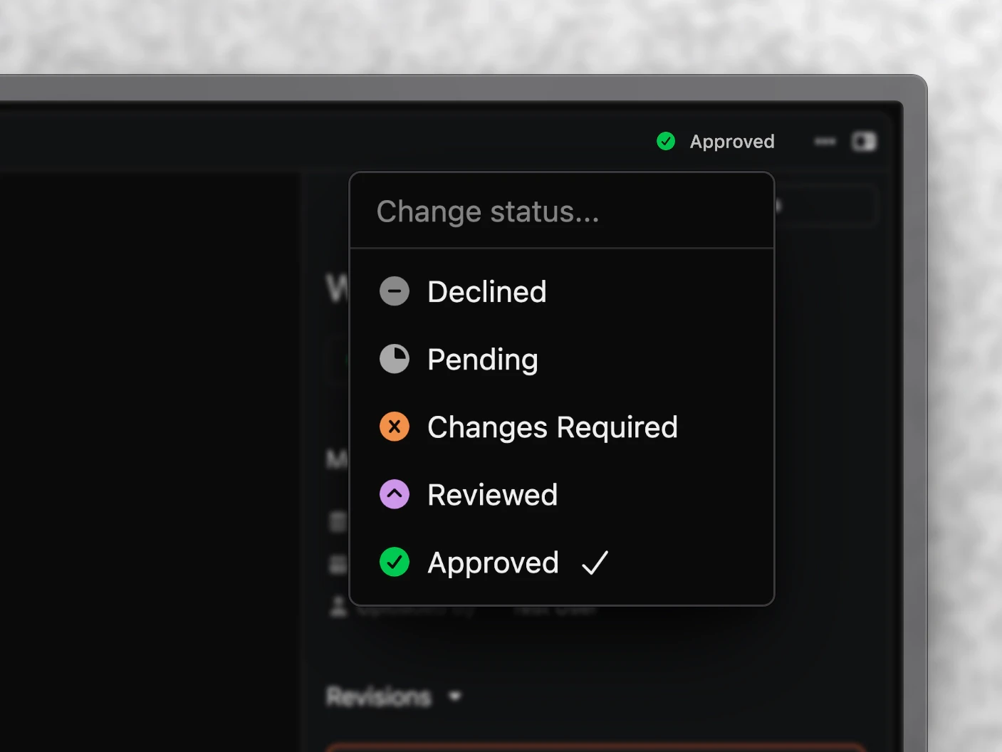 The review status menu open on a media file, with Approved selected