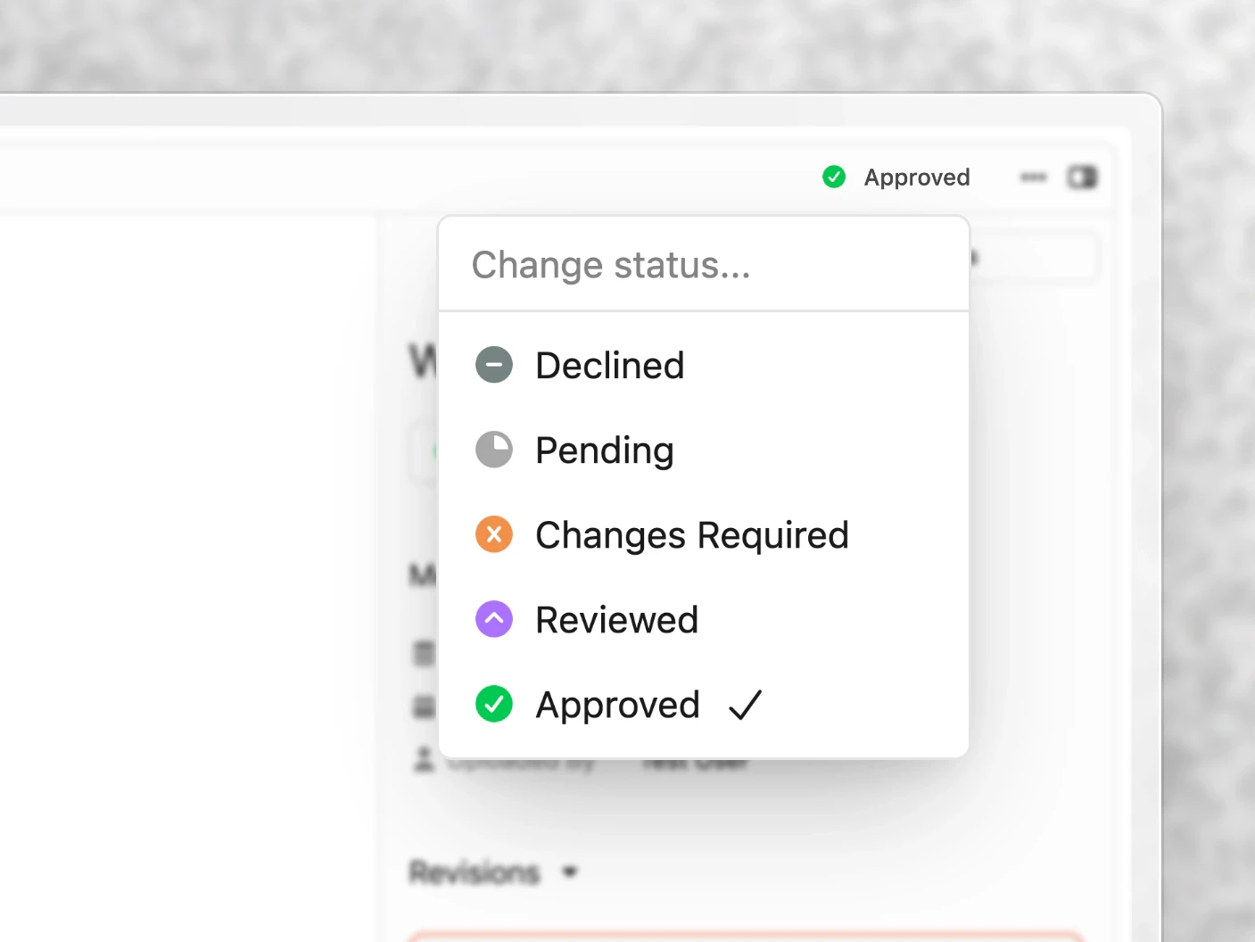 The review status menu open on a media file, with Approved selected