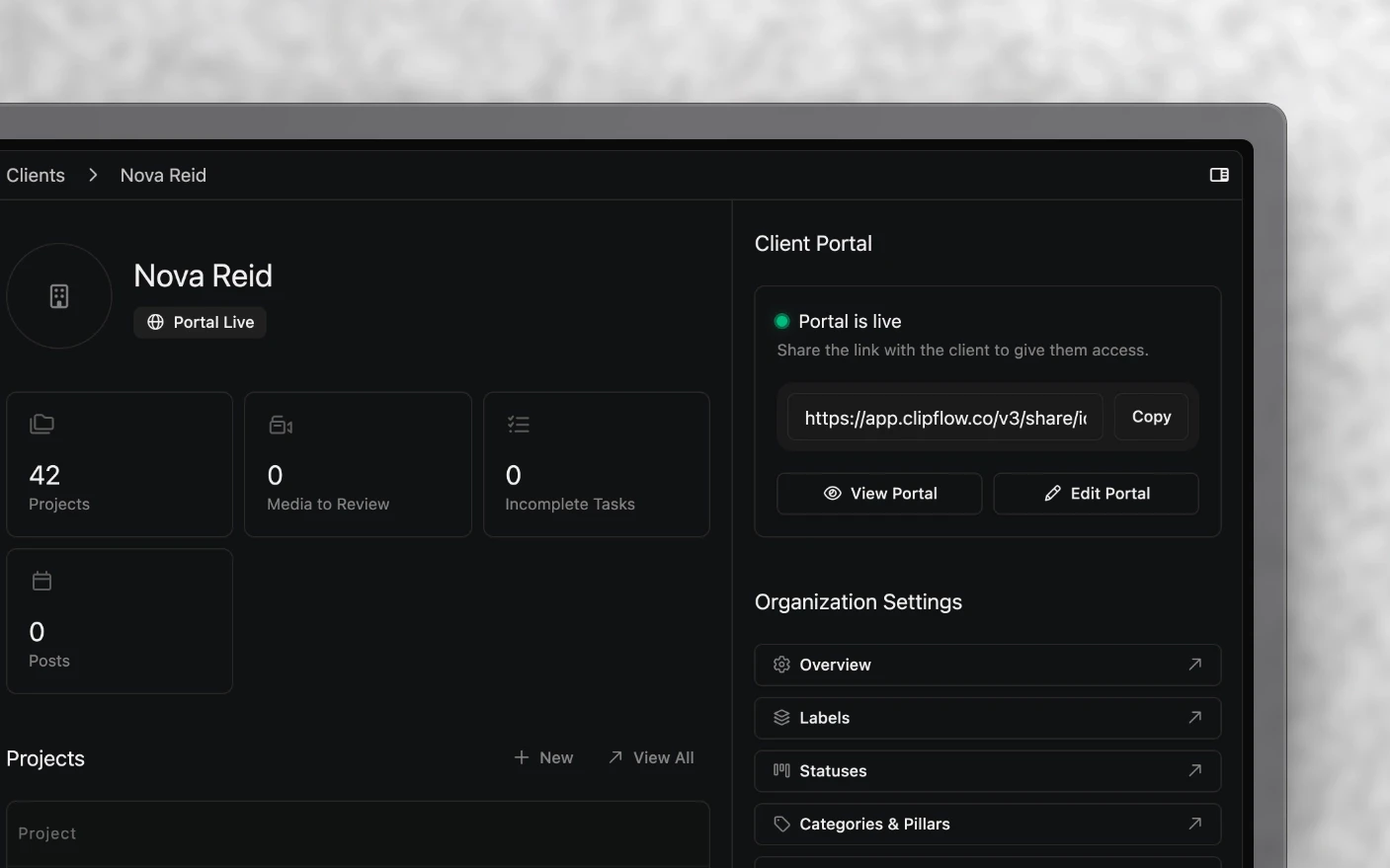 A client's overview in the agency's workspace: project, review and task counts, with the client's live portal, its link and View Portal and Edit Portal beside them