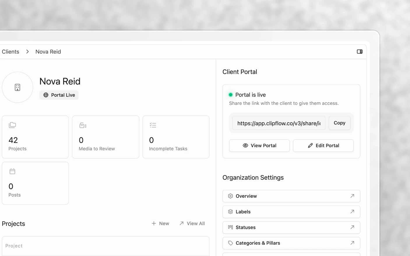 A client's overview in the agency's workspace: project, review and task counts, with the client's live portal, its link and View Portal and Edit Portal beside them