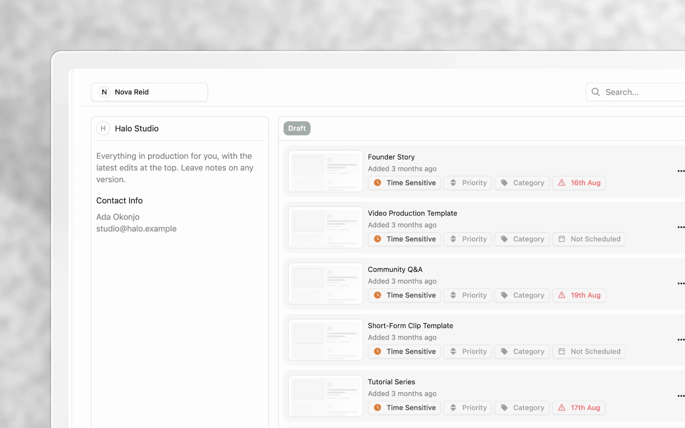 A client portal as the client opens it, their projects grouped by status with the agency's message and contact details beside them