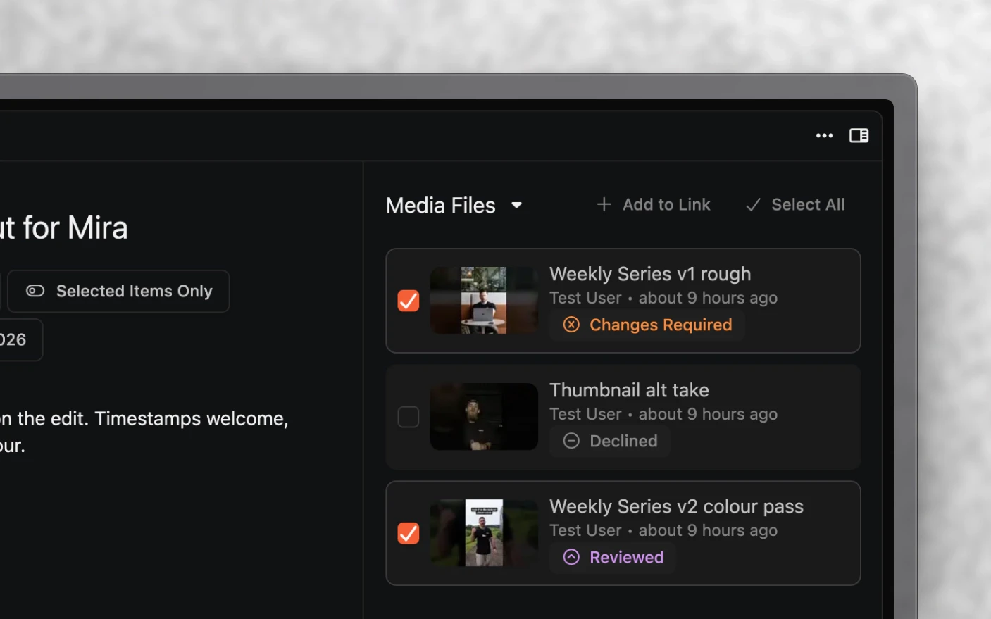 A share link being built, with two media files ticked in the right-hand column and Add to Link above them