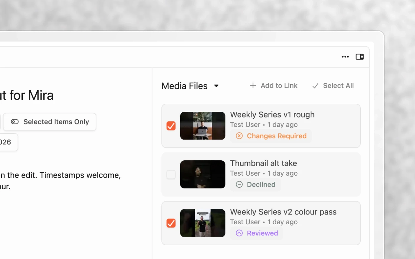 A share link being built, with two media files ticked in the right-hand column and Add to Link above them