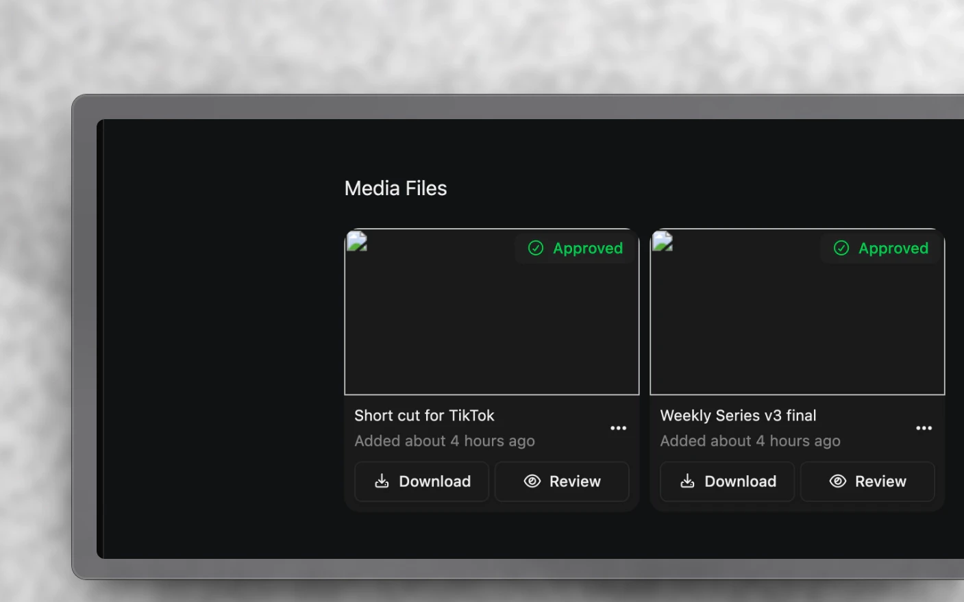 A share link as the reviewer sees it: the two approved cuts they were sent, each with Download and Review