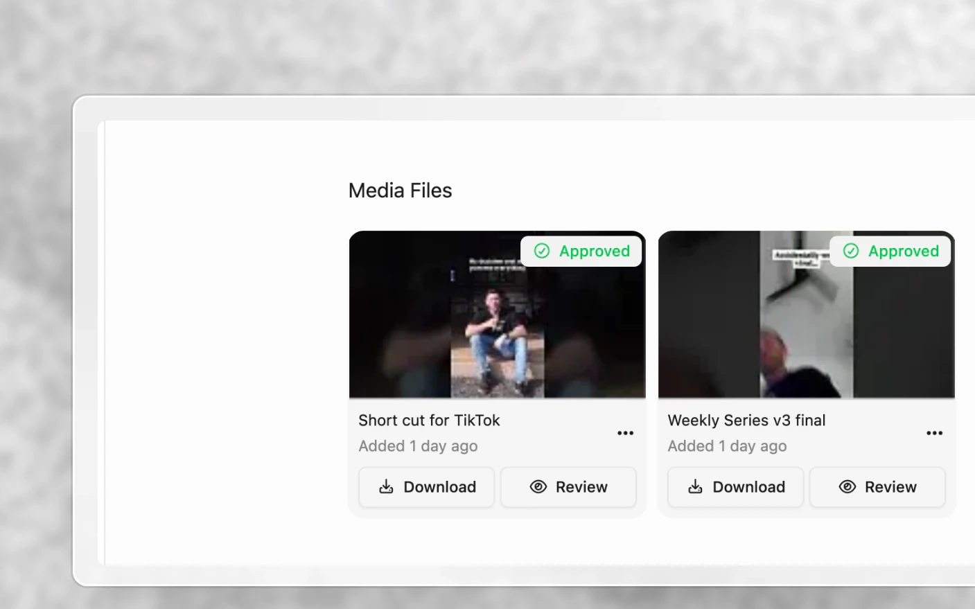 A share link as the reviewer sees it: the two approved cuts they were sent, each with Download and Review