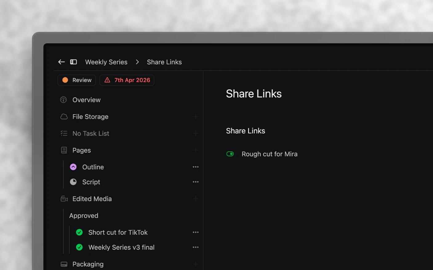 A project's share links, sitting alongside its pages, media and posts