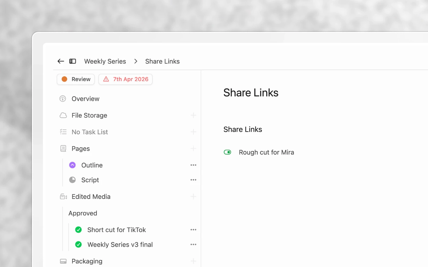 A project's share links, sitting alongside its pages, media and posts