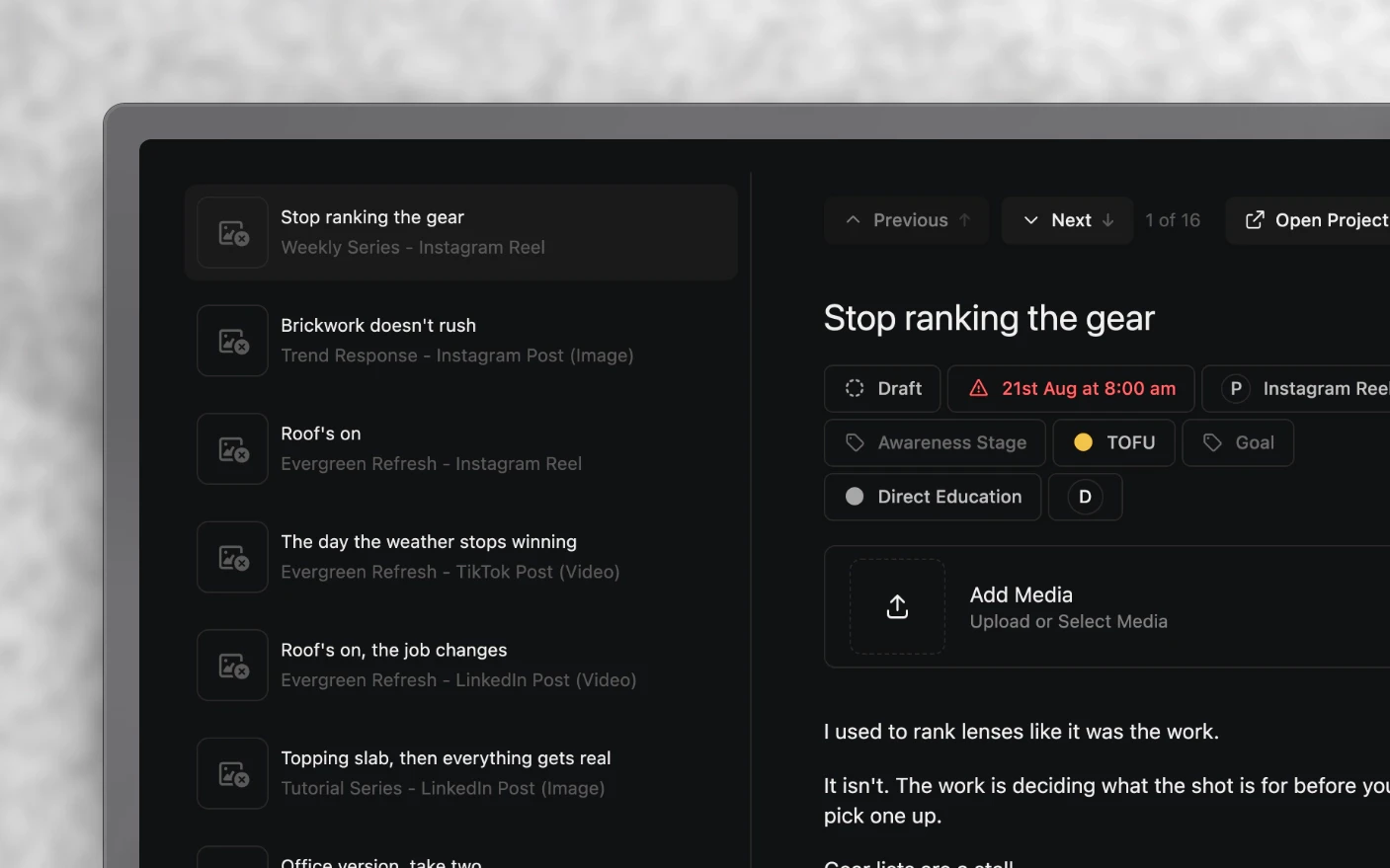 The review queue, listing each post waiting on a decision