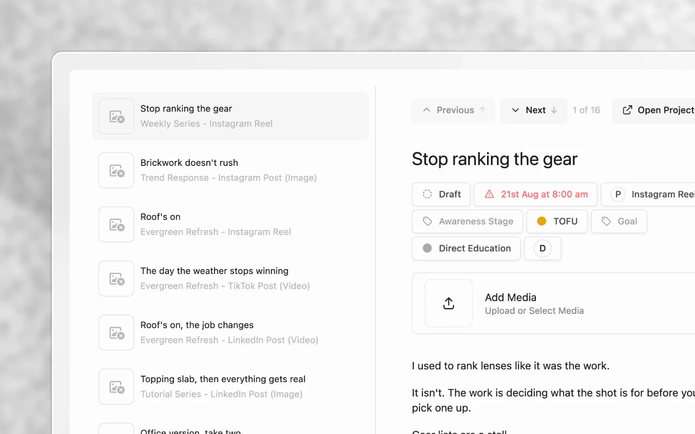 The review queue, listing each post waiting on a decision
