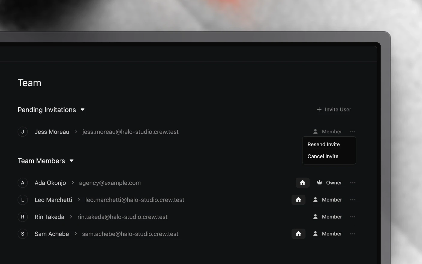 An admin's team list with the menu open on a pending invitation, showing Resend Invite and Cancel Invite