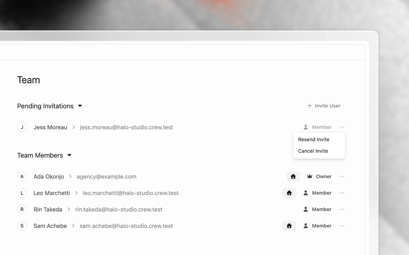 An admin's team list with the menu open on a pending invitation, showing Resend Invite and Cancel Invite