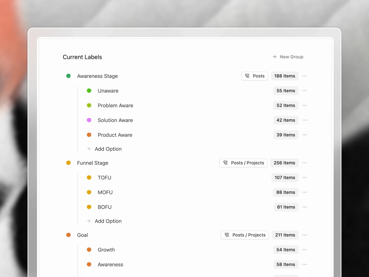 Label groups in organization settings, each with its coloured options, what it applies to, and how many items use it