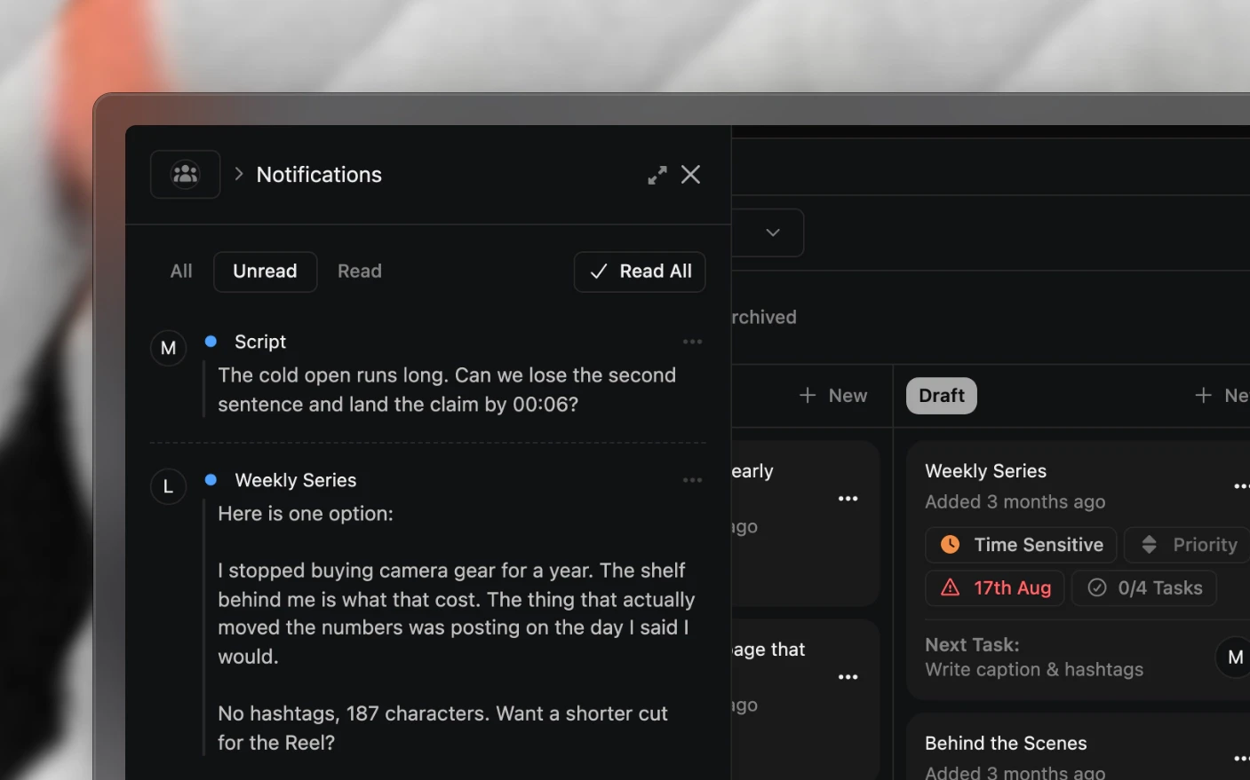 The notifications drawer open from the navigation, with unread comments on a script and an agent's reply on a project