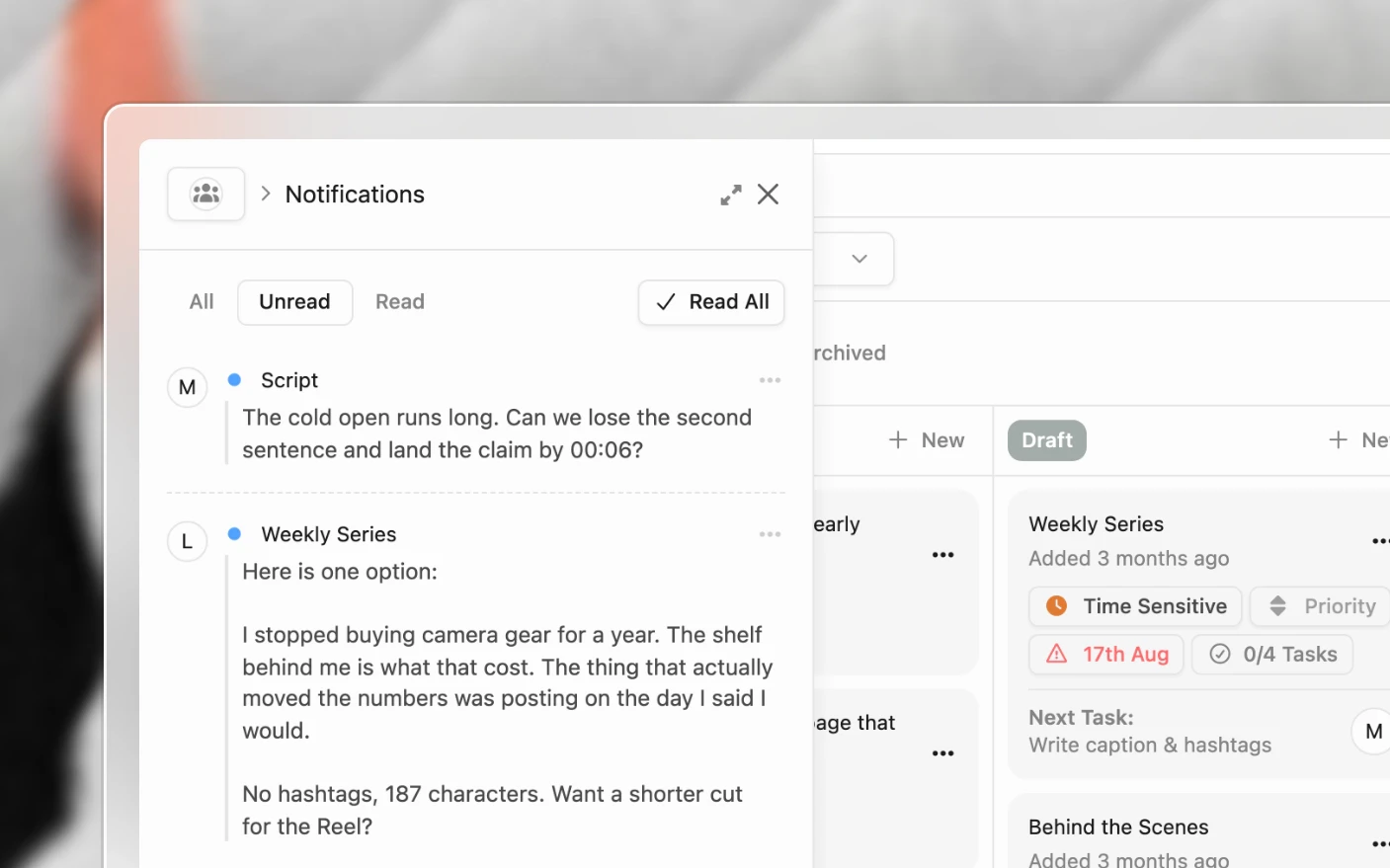The notifications drawer open from the navigation, with unread comments on a script and an agent's reply on a project