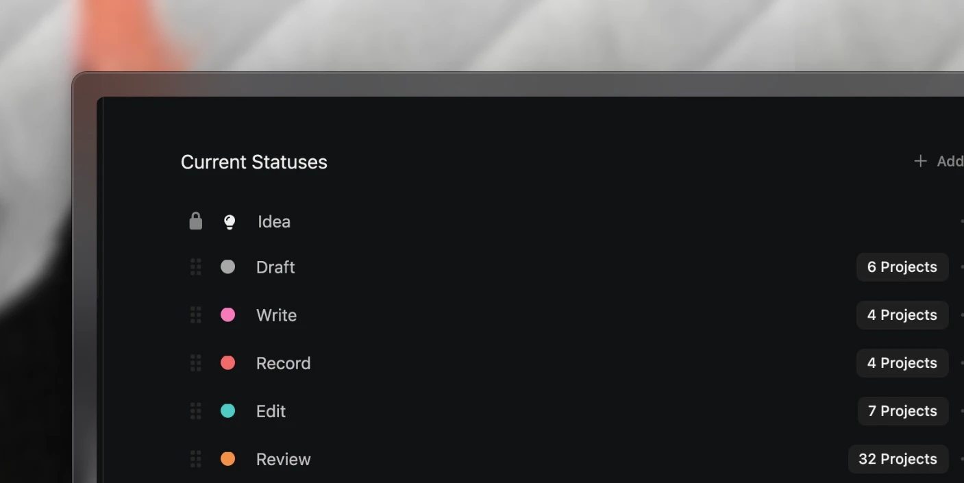 Workflow statuses with their colours and how many projects sit in each