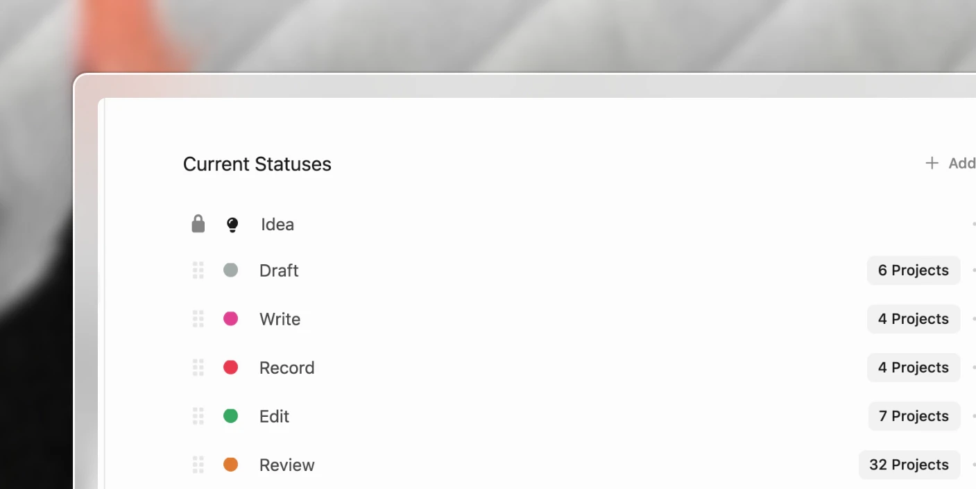 Workflow statuses with their colours and how many projects sit in each