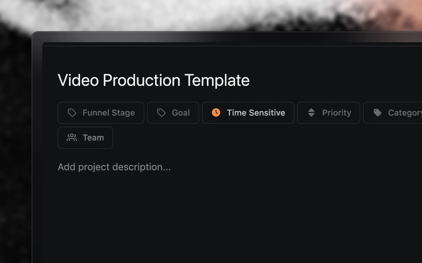 A project template with its funnel stage, goal, priority, category, channels and team defaults