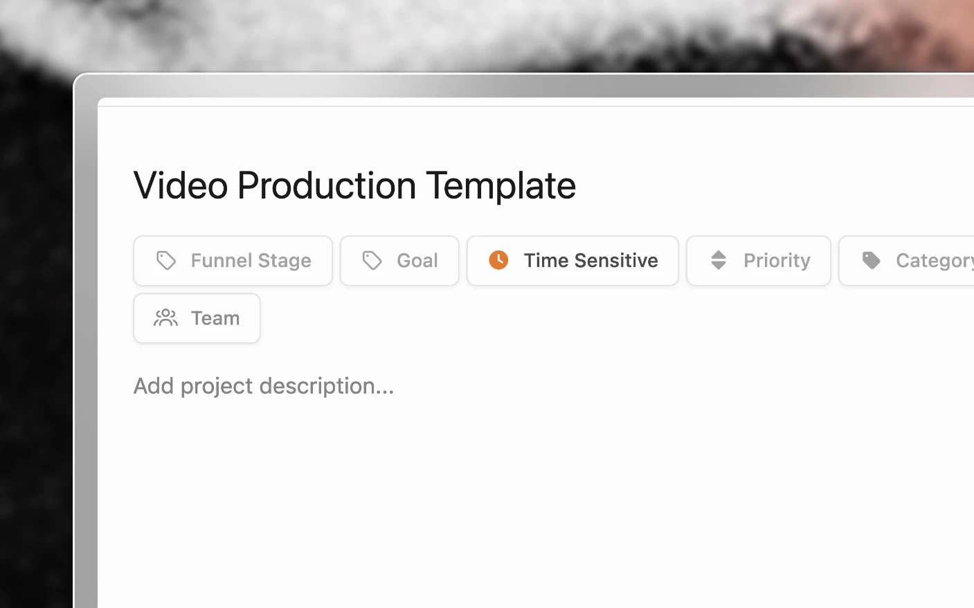 A project template with its funnel stage, goal, priority, category, channels and team defaults