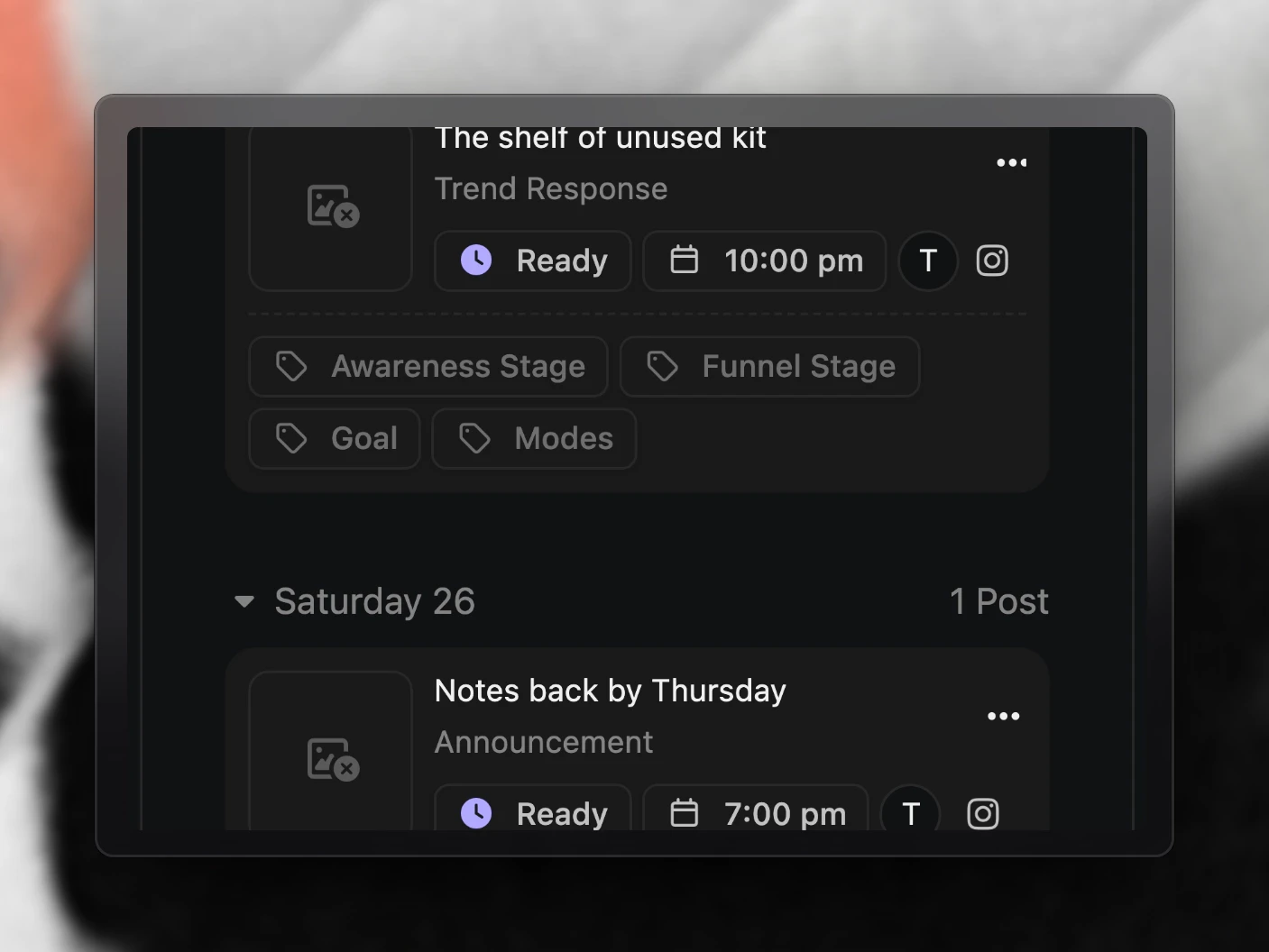 This week in the planner, each day's Ready posts waiting on their time slots