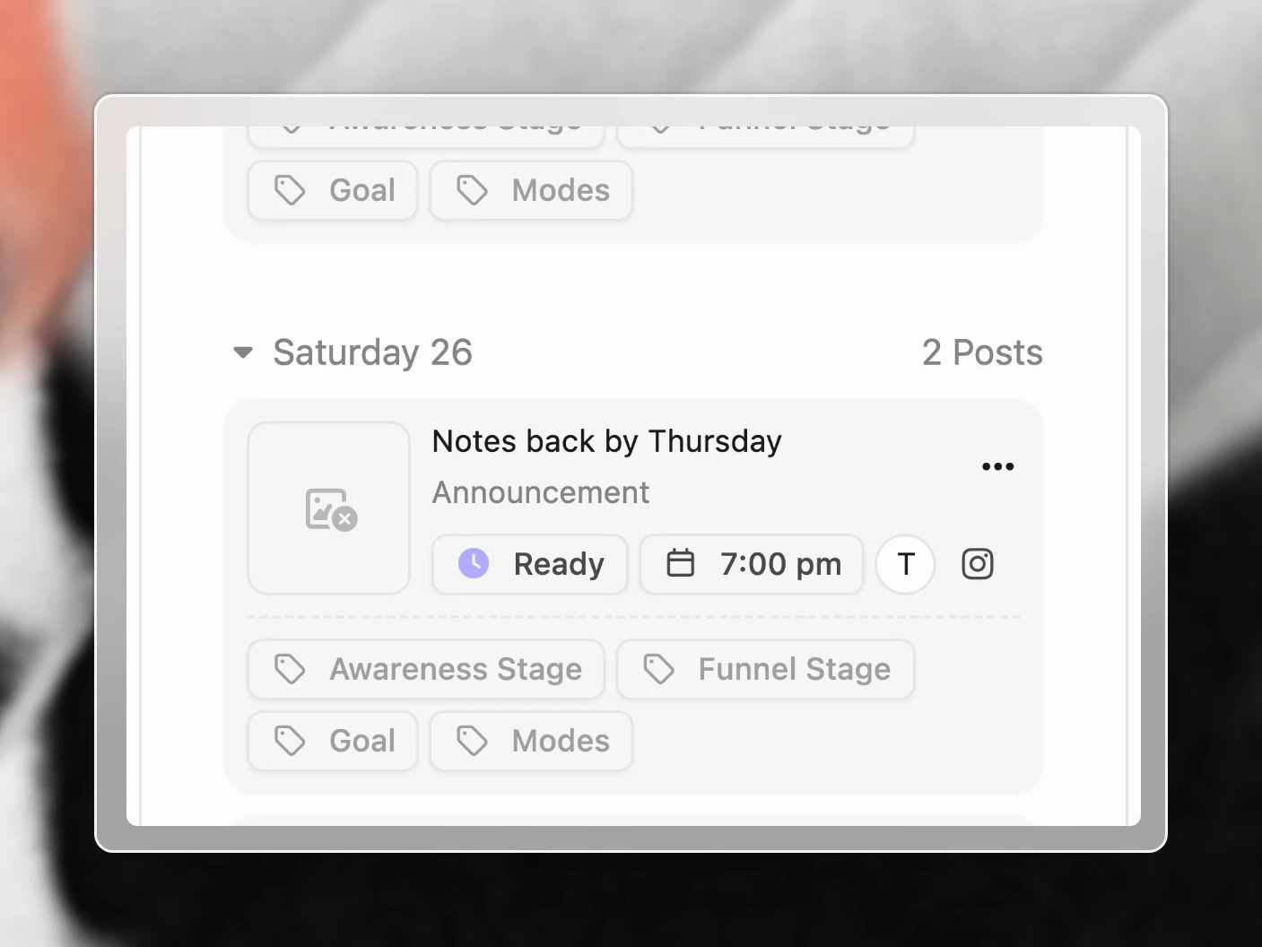 This week in the planner, each day's Ready posts waiting on their time slots
