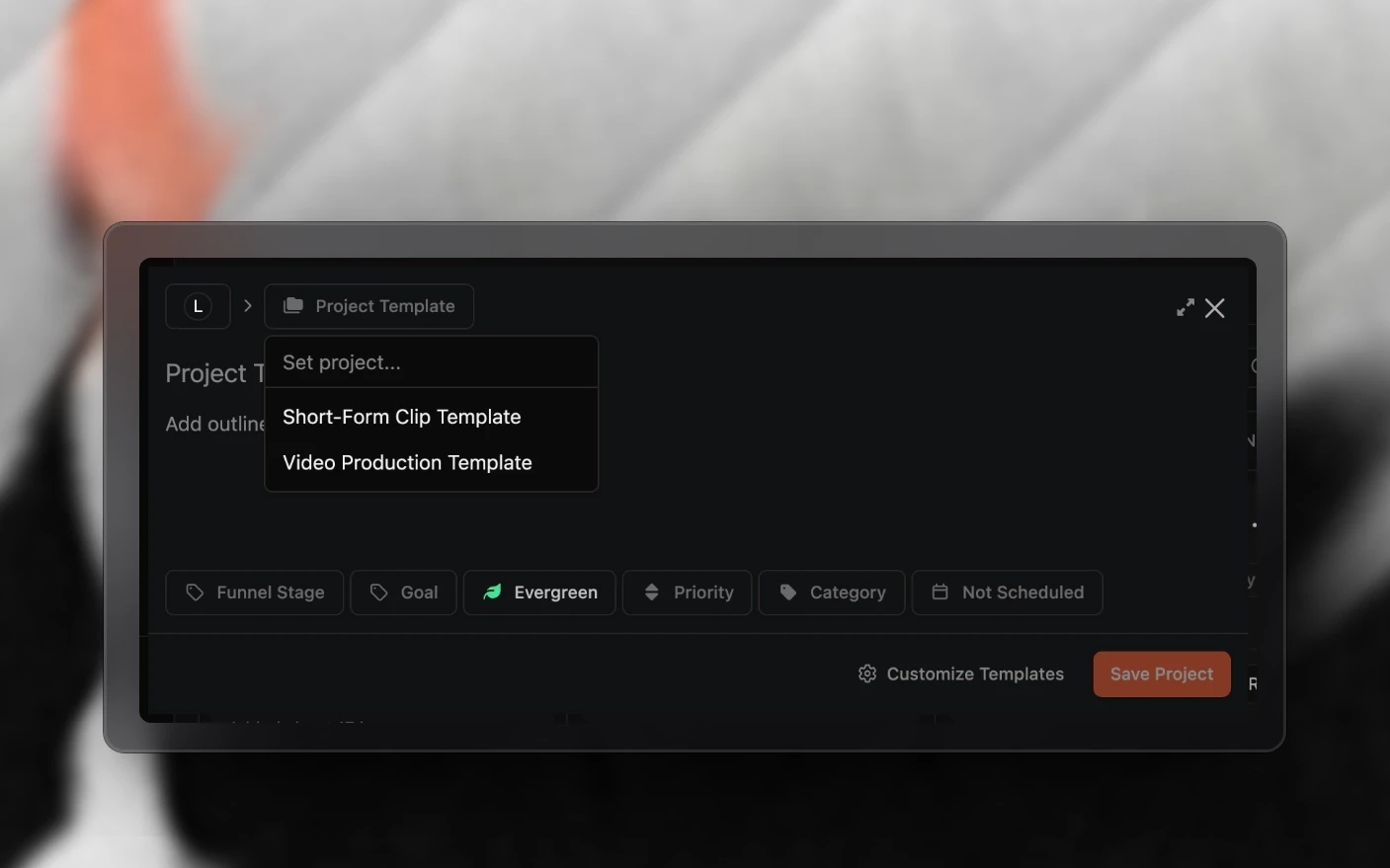 The new project form with its template picker open