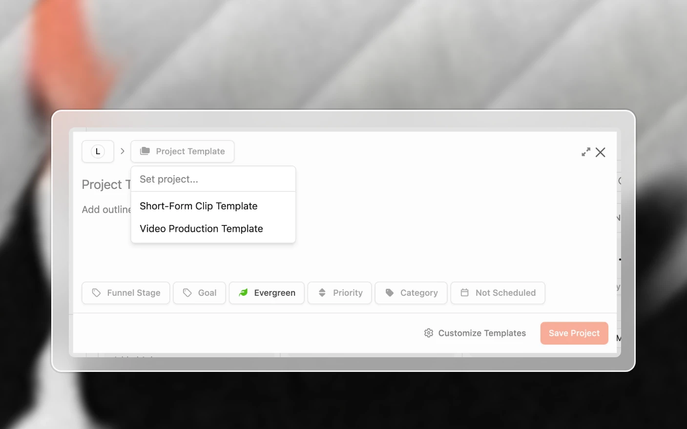 The new project form with its template picker open